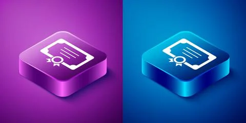 Isometric Certificate template icon isolated on blue and purple background Stock Illustration