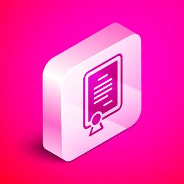 Isometric Certificate template icon isolated on pink background. Achievement Stock Illustration
