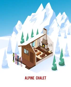 Isometric Chalet With Fireplace In Mountains Stock Illustration