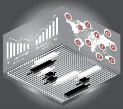 Isometric Chart and Graph Icons,map and currency. Stock Illustration