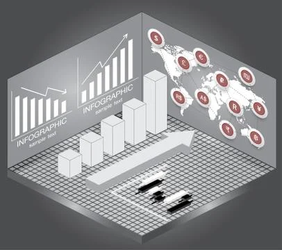 Isometric Chart and Graph Icons,map and currency. Stock Illustration