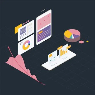 Isometric charts and analyzing statistics. Stock Illustration