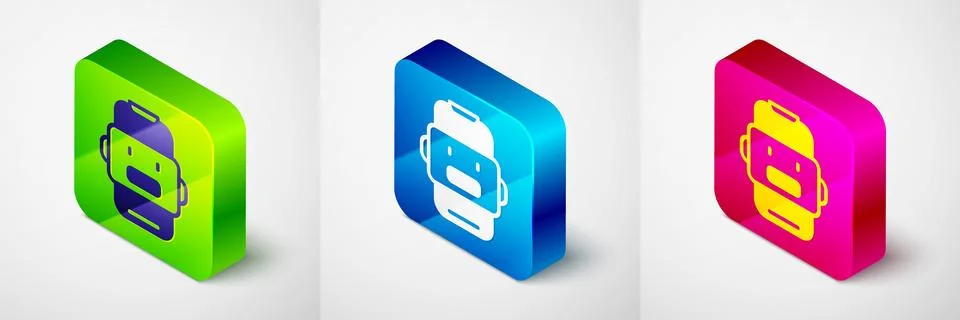 Isometric Chat bot icon isolated on grey background. Chatbot icon. Square button Stock Illustration