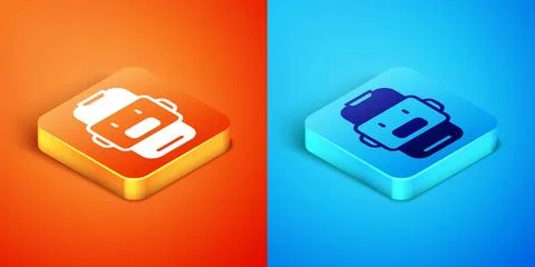 Isometric Chat bot icon isolated on orange and blue background. Chatbot icon Stock Illustration