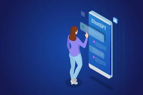 Isometric ChatGPT concept. Artificial intelligence chatbot, Machine learning, Stock Illustration