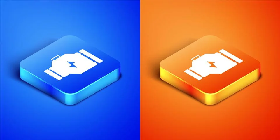Isometric Check engine icon isolated on blue and orange background. Square Stock Illustration