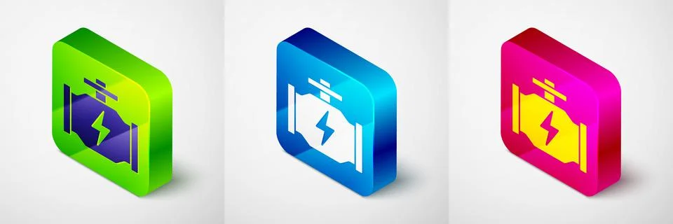 Isometric Check engine icon isolated on grey background. Square button. Vector Stock Illustration