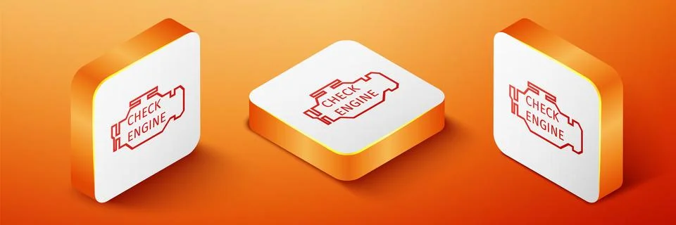 Isometric Check engine icon isolated on orange background. Orange square button Stock Illustration