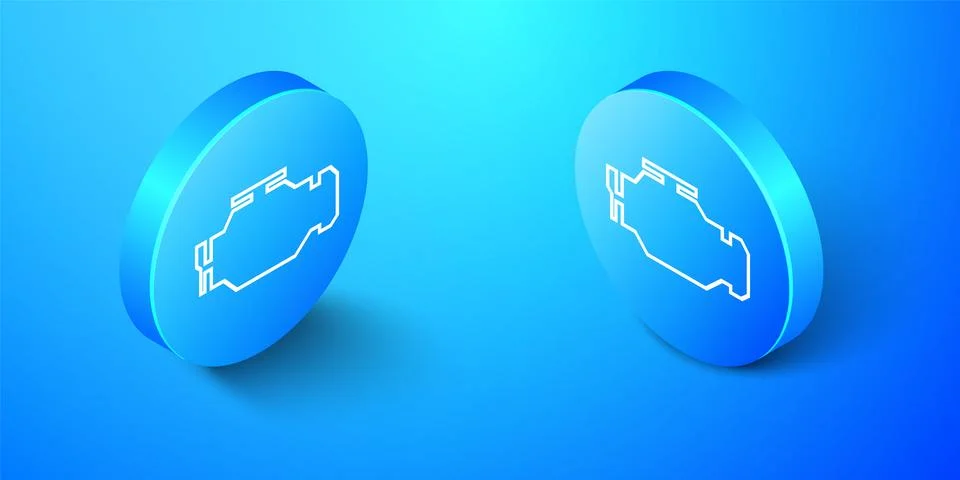 Isometric Check engine icon isolated on blue background. Blue circle button Stock Illustration