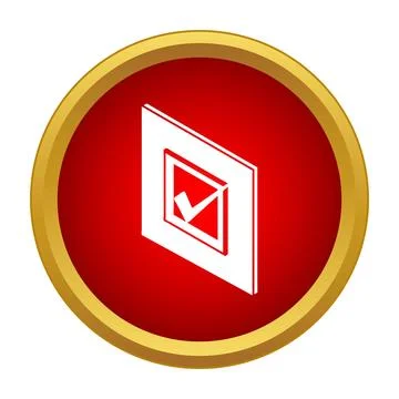 Isometric check mark confirming choice on round red button Stock Illustration