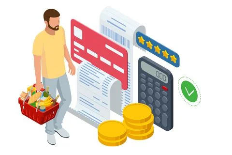 Isometric checking a grocery receipt, grocery shopping and expenses concept 库存插图