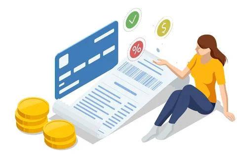 Isometric checking a grocery receipt, grocery shopping and expenses concept 库存插图