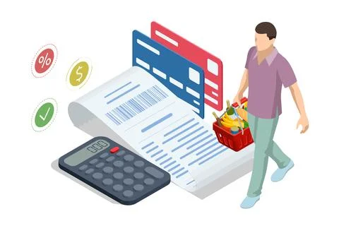 Isometric checking a grocery receipt, grocery shopping and expenses concept Stock Illustration