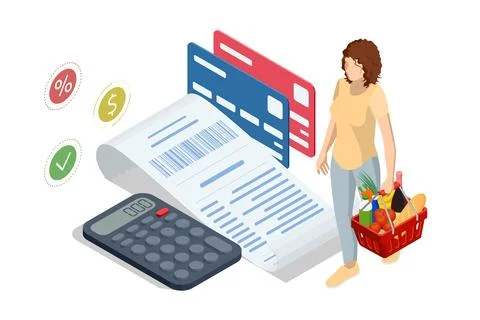 Isometric checking a grocery receipt, grocery shopping and expenses concept Stock Illustration