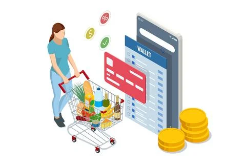 Isometric checking a grocery receipt, grocery shopping and expenses concept 库存插图