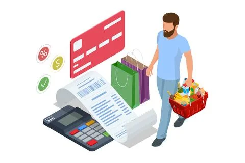 Isometric checking a grocery receipt, grocery shopping and expenses concept Stock Illustration