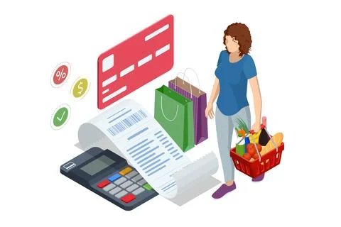 Isometric checking a grocery receipt, grocery shopping and expenses concept Stock Illustration