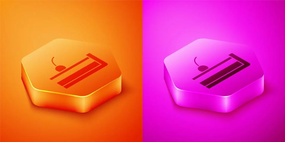 Isometric Cherry cheesecake slice with fruit topping icon isolated on orange and Stock Illustration