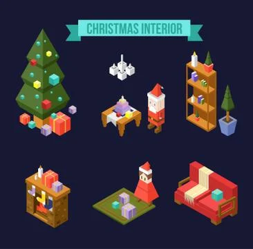 Isometric Christmas interior elements set Illustrazione stock
