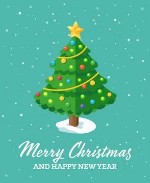 Isometric Christmas tree with glowing lights and golden star. Merry Christm.. Stock Illustration
