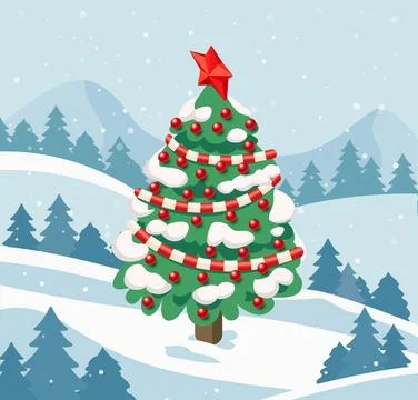 Isometric Christmas tree with red decorations and snow in a winter landscap.. Stock Illustration