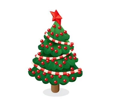 Isometric christmas tree with red star baubles and striped garland isolated.. Stock Illustration