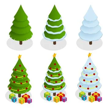 Isometric Christmas tree set. Decorated christmas tree with gift boxes, star Stock Illustration