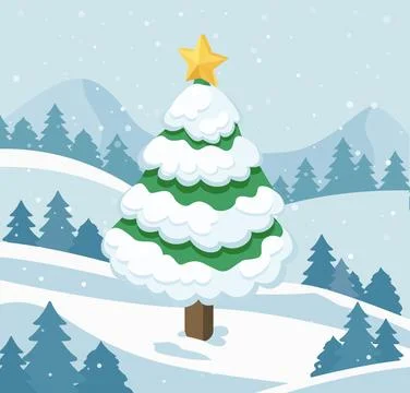 Isometric Christmas tree with yellow star and snow in a winter mountain lan.. Stock Illustration
