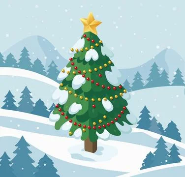 Isometric Christmas tree with yellow star and colorful decorations in snowy.. Stock Illustration