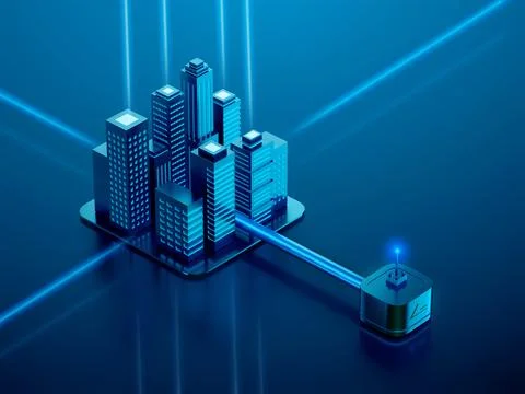 Isometric chrome city with connection rays3d illustration, Not gen Ai Stock Illustration