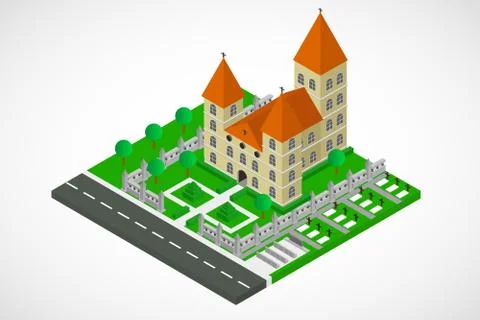Isometric church building, vector Stock Illustration