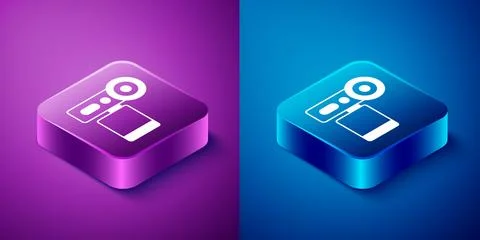 Isometric Cinema camera icon isolated on blue and purple background. Video Stock Illustration