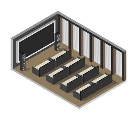 Isometric cinema room in vector on white background Stock Illustration