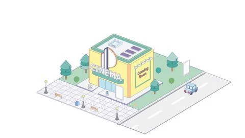 Isometric cinema on white background. Modern cinema in isometric projection. 스톡 일러스트