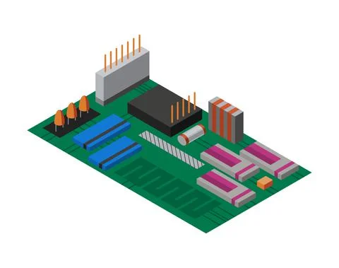 Isometric circuit board with electronic components. Computer chip technology Illustrazione stock