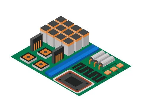 Isometric circuit board with electronic components. Computer chip technology Illustrazione stock