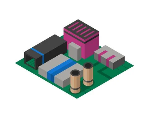 Isometric circuit board with electronic components. Computer chip technology Illustrazione stock