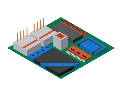 Isometric circuit board with electronic components. Computer chip technology Stock Illustration