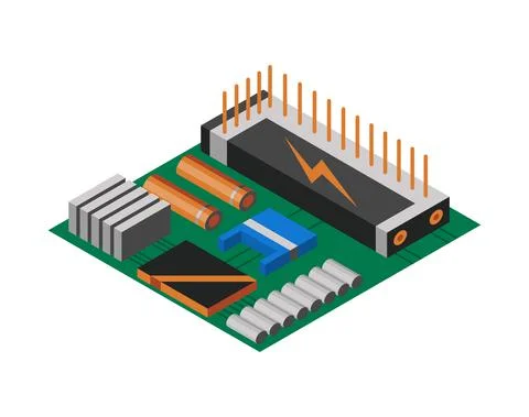 Isometric circuit board with electronic components. Computer chip technology Illustrazione stock