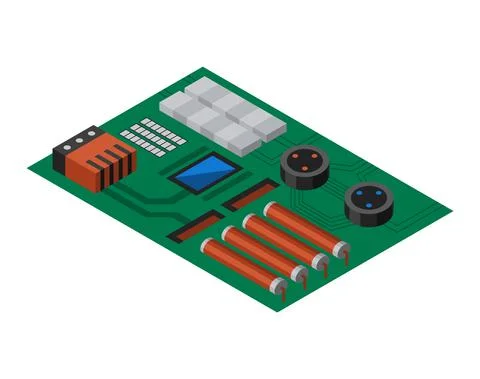 Isometric circuit board with electronic components. Computer chip technology Illustrazione stock