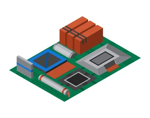 Isometric circuit board with electronic components. Computer chip technology Illustrazione stock