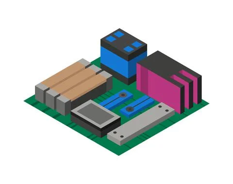Isometric circuit board with electronic components. Computer chip technology Illustrazione stock