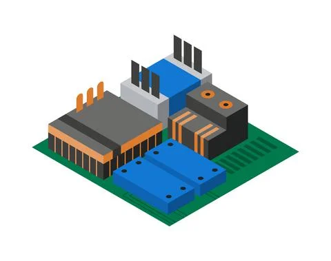 Isometric circuit board with electronic components. Computer chip technology Illustrazione stock