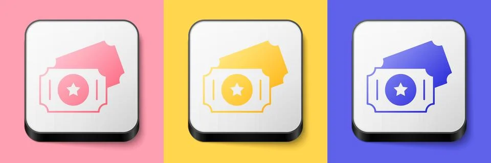 Isometric Circus ticket icon isolated on pink, yellow and blue background. .. Stock Illustration