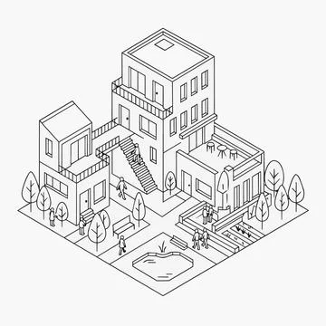 Isometric city building complex with people, urban architecture illustratio.. Ilustración de archivo