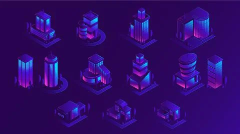 Isometric city building set, vector illustration. Urban modern architecture Stock Illustration