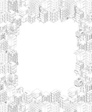 Isometric city buildings. A4 rectangular frame. Gray lines outline contour style Stock Illustration