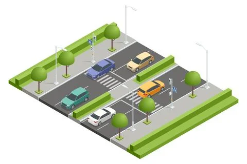 An isometric city design of multiple pedestrian crossings with vehicles stopping Stock Illustration