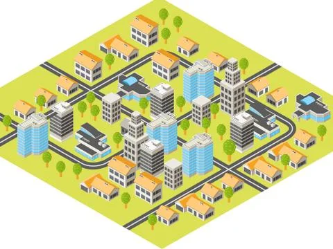 Isometric city with downtown and  suburbs, buildings and roads Stock Illustration