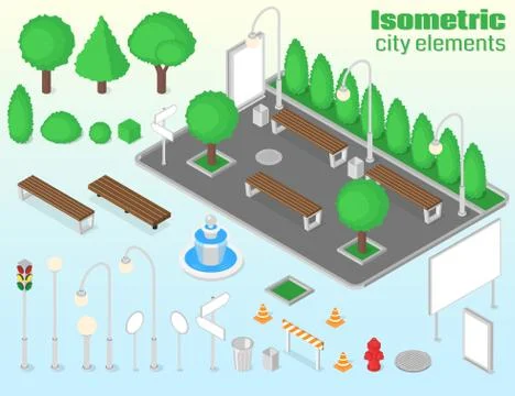Isometric city elements set. Stock Illustration
